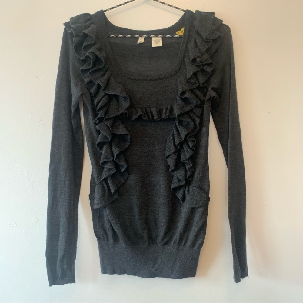 Anthropologie Moth Ruffle Charcoal Grey Pullover Sweater